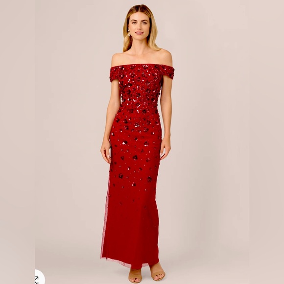 ADRIANNA PAPELL
OFF SHOULDER DRESS WITH FLORAL EMBELLISHMENT IN CRANBERRY - Picture 2 of 4